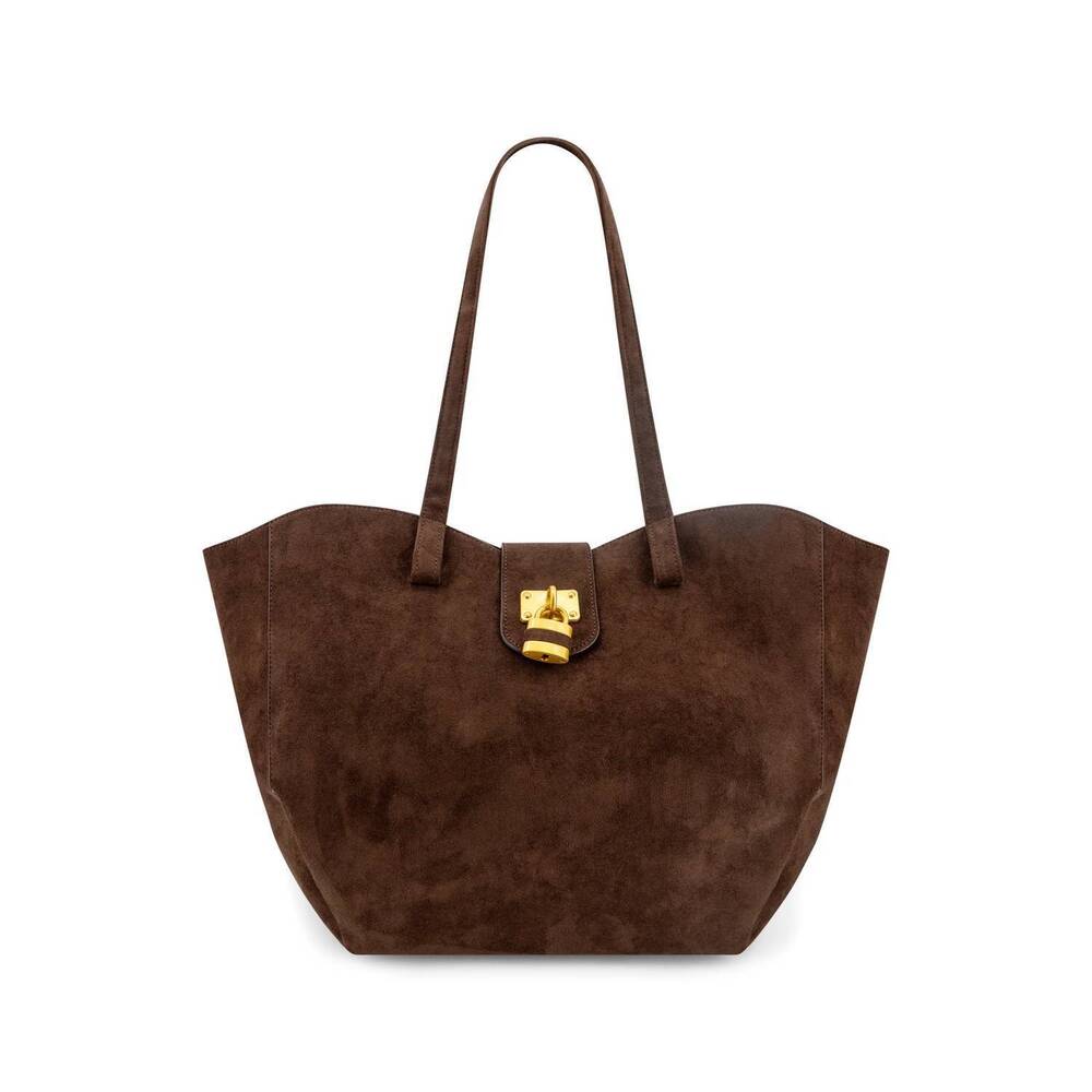 NEW LIKE DREAMS women's harper lock suede tote bag in brown